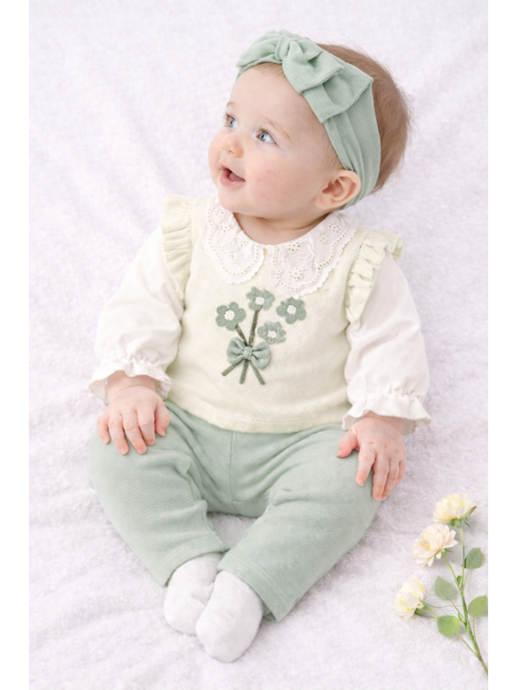 Yeşil Kız Bebek Çiçek Nakışlı Dantel Yakalı 3’lü Pamuklu Takım-2
