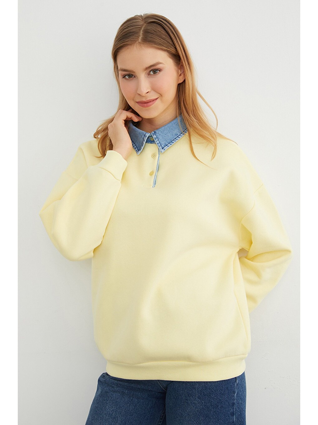 Sarı 3 İplik Jean Garnili Gömlek Yaka Oversize Sweatshirt