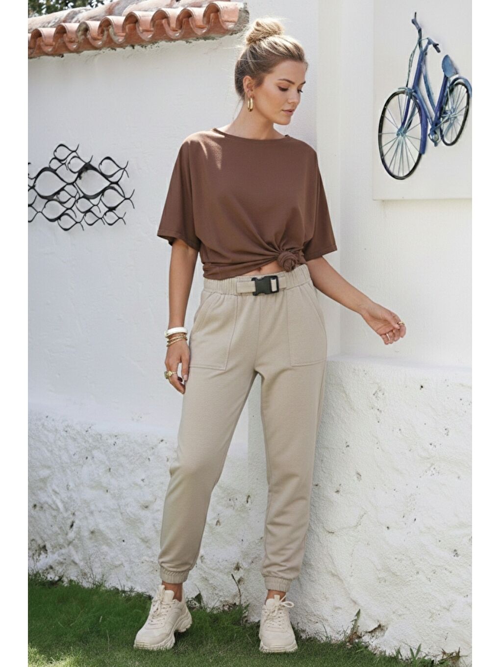 Bej Kemer Tokalı Lastikli Bel Lastikli Paça Casual Gabardin Dokuma Pantolon 100 55-2