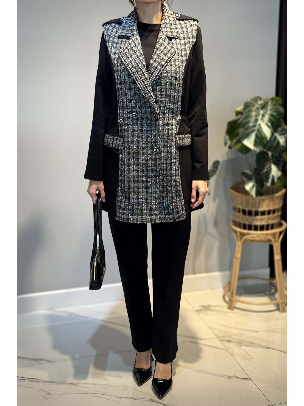 Kare Desen Kruvaze Yelekli 3'lü Takım 25149 Siyah