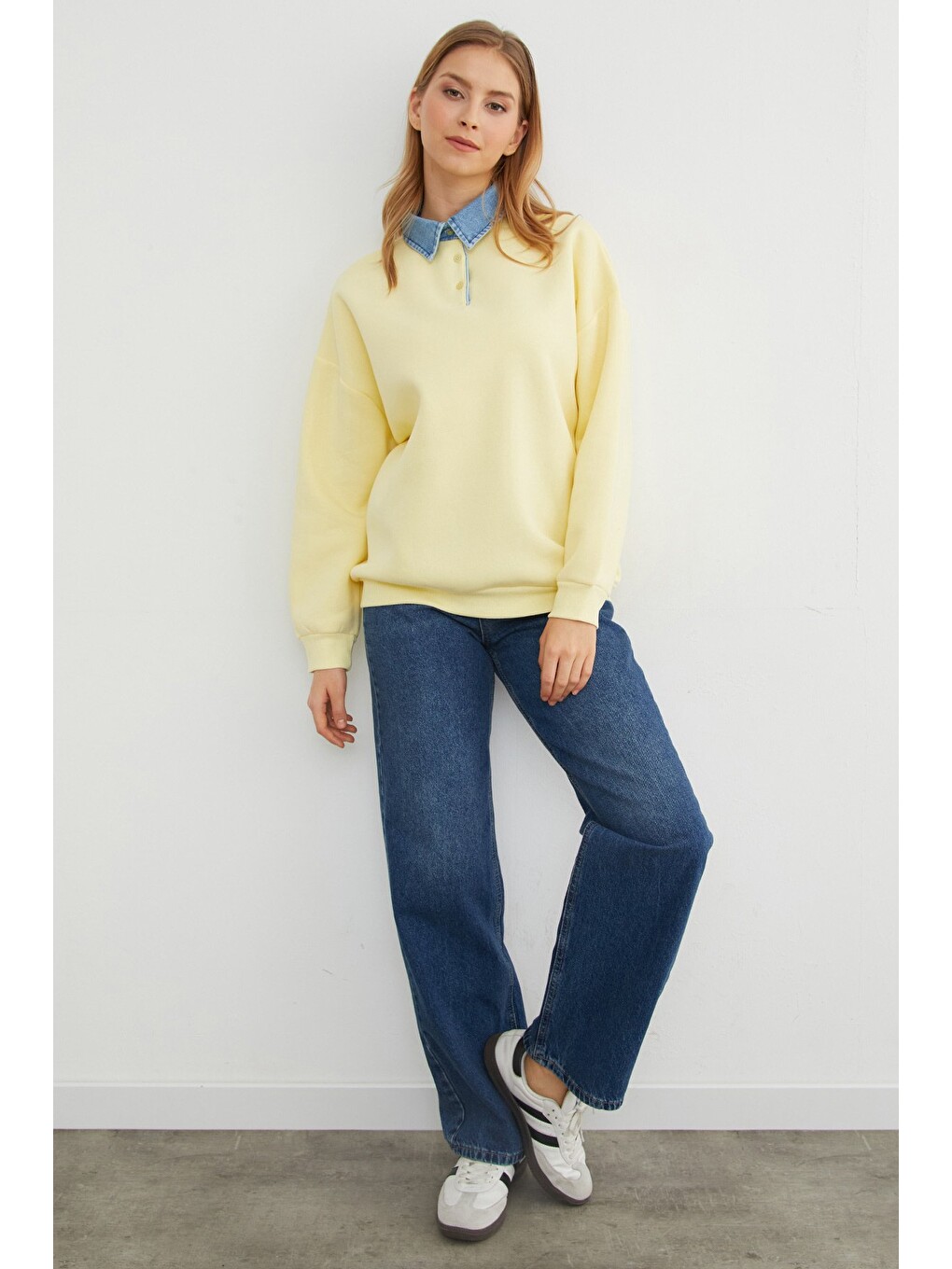 Sarı 3 İplik Jean Garnili Gömlek Yaka Oversize Sweatshirt-1