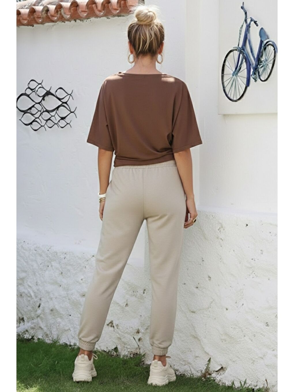 Bej Kemer Tokalı Lastikli Bel Lastikli Paça Casual Gabardin Dokuma Pantolon 100 55-4