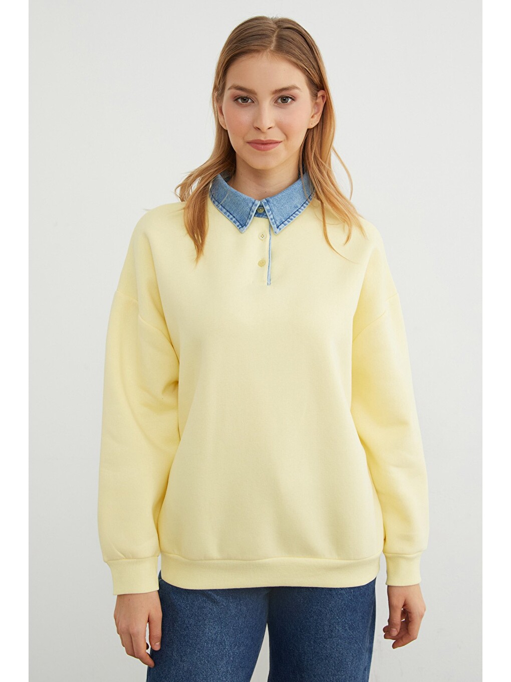 Sarı 3 İplik Jean Garnili Gömlek Yaka Oversize Sweatshirt-2