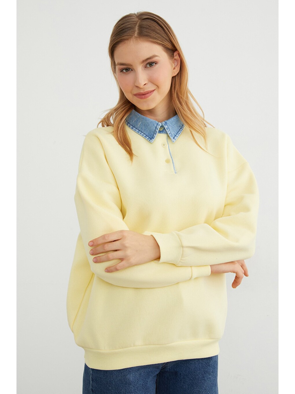Sarı 3 İplik Jean Garnili Gömlek Yaka Oversize Sweatshirt-3