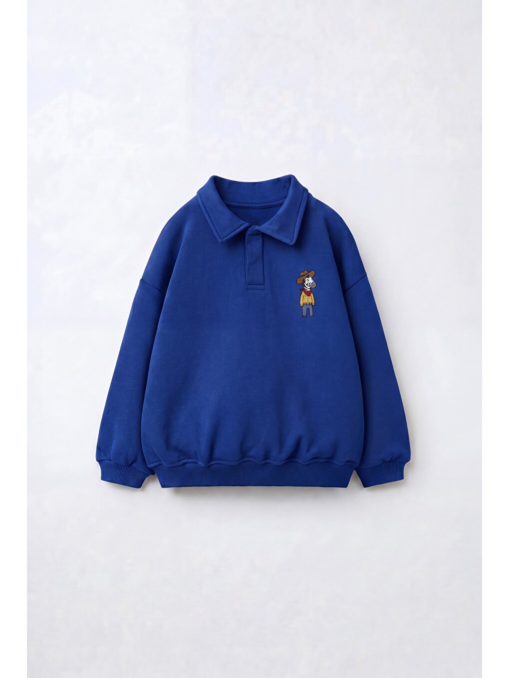 Çocuk Polo Yaka Mavi Nakış Detaylı Sweatshirt