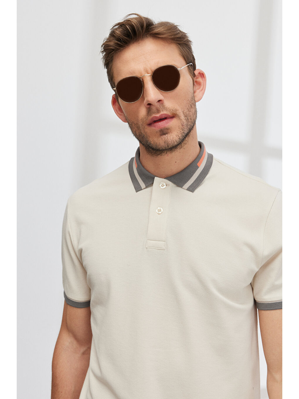 Erkek Bej Slim Fit Dar Kesim %100 Pamuk Polo Yaka Tişört-4