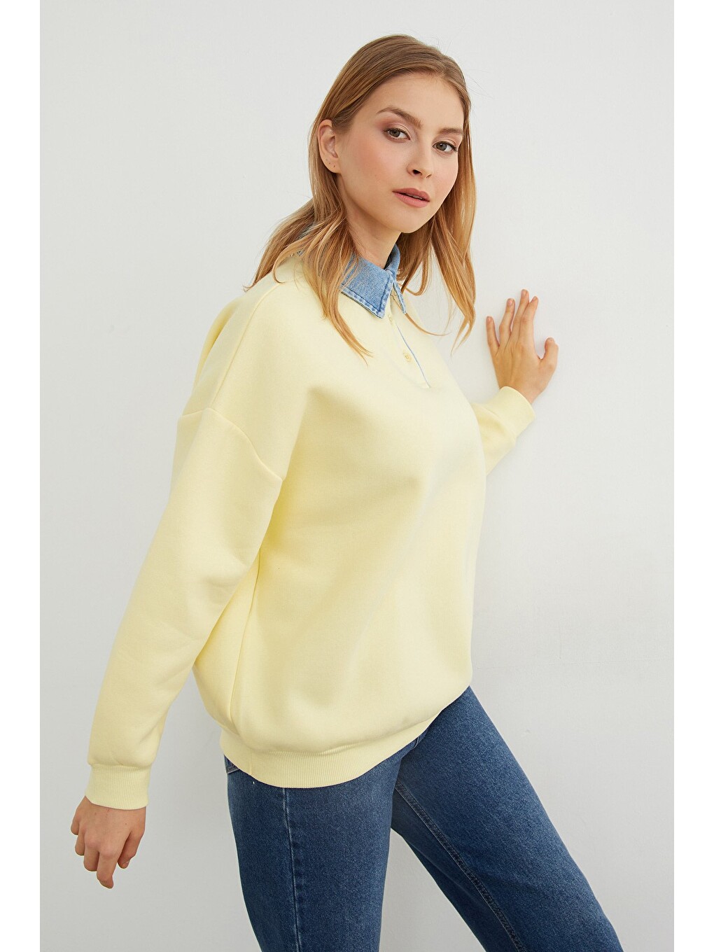 Sarı 3 İplik Jean Garnili Gömlek Yaka Oversize Sweatshirt-4