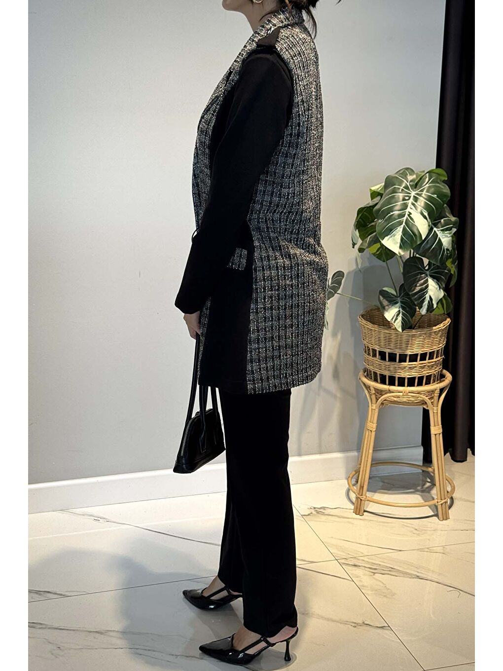 Kare Desen Kruvaze Yelekli 3'lü Takım 25149 Siyah-1