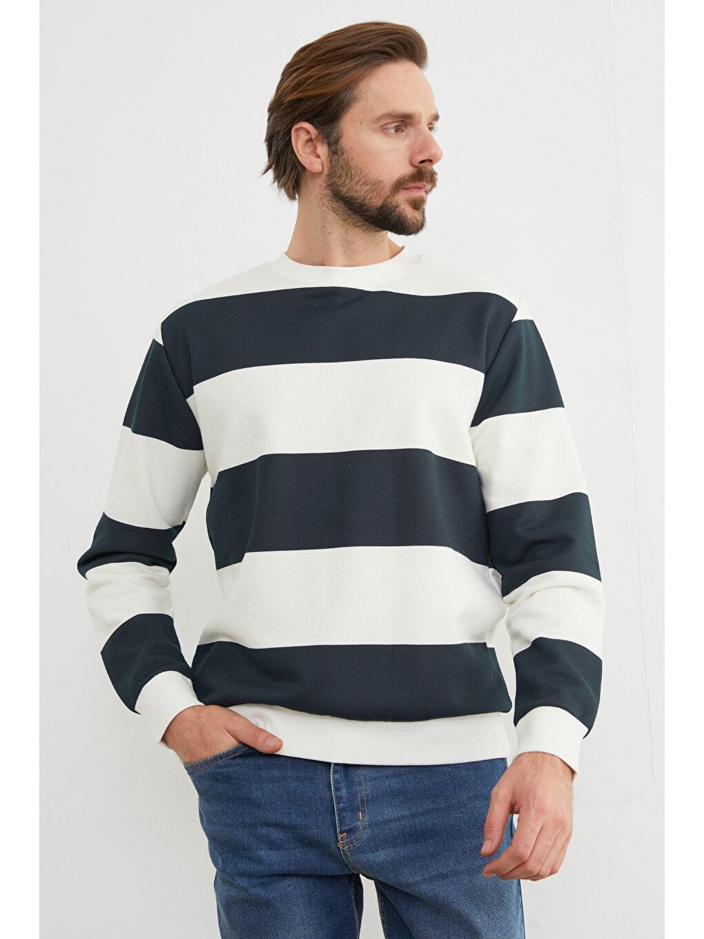 Lacivert Çizgili Bisiklet Yaka Sweatshirt-1