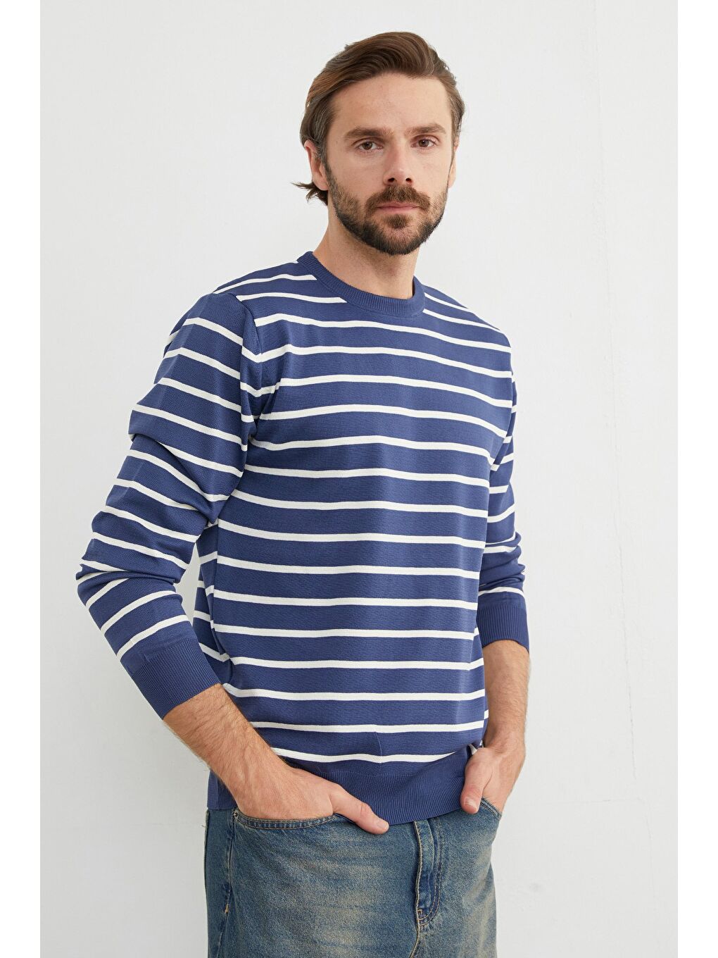 İndigo Çizgili Bisiklet Yaka Kazak-1