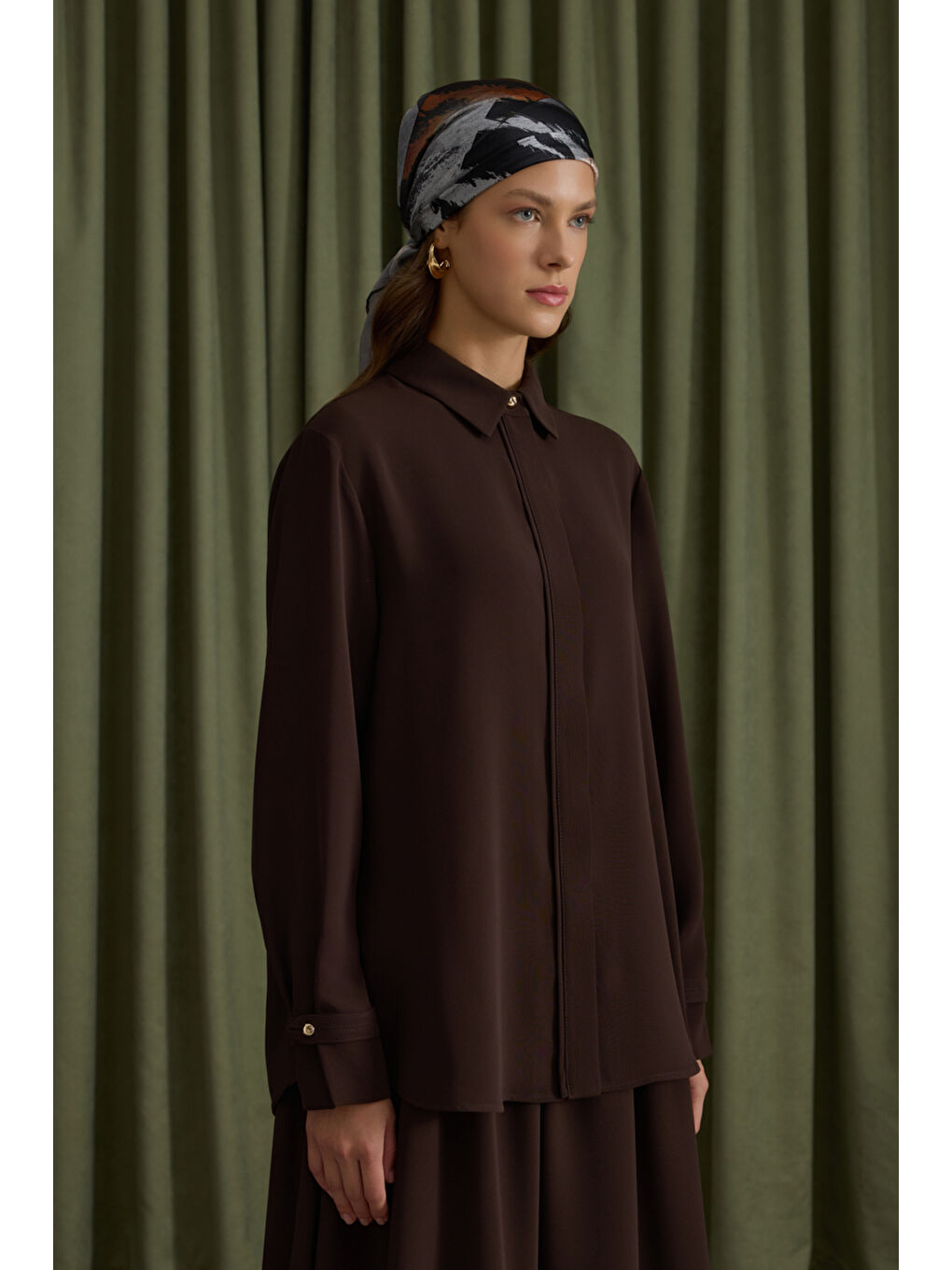 Kahverengi Krep Bluz-4