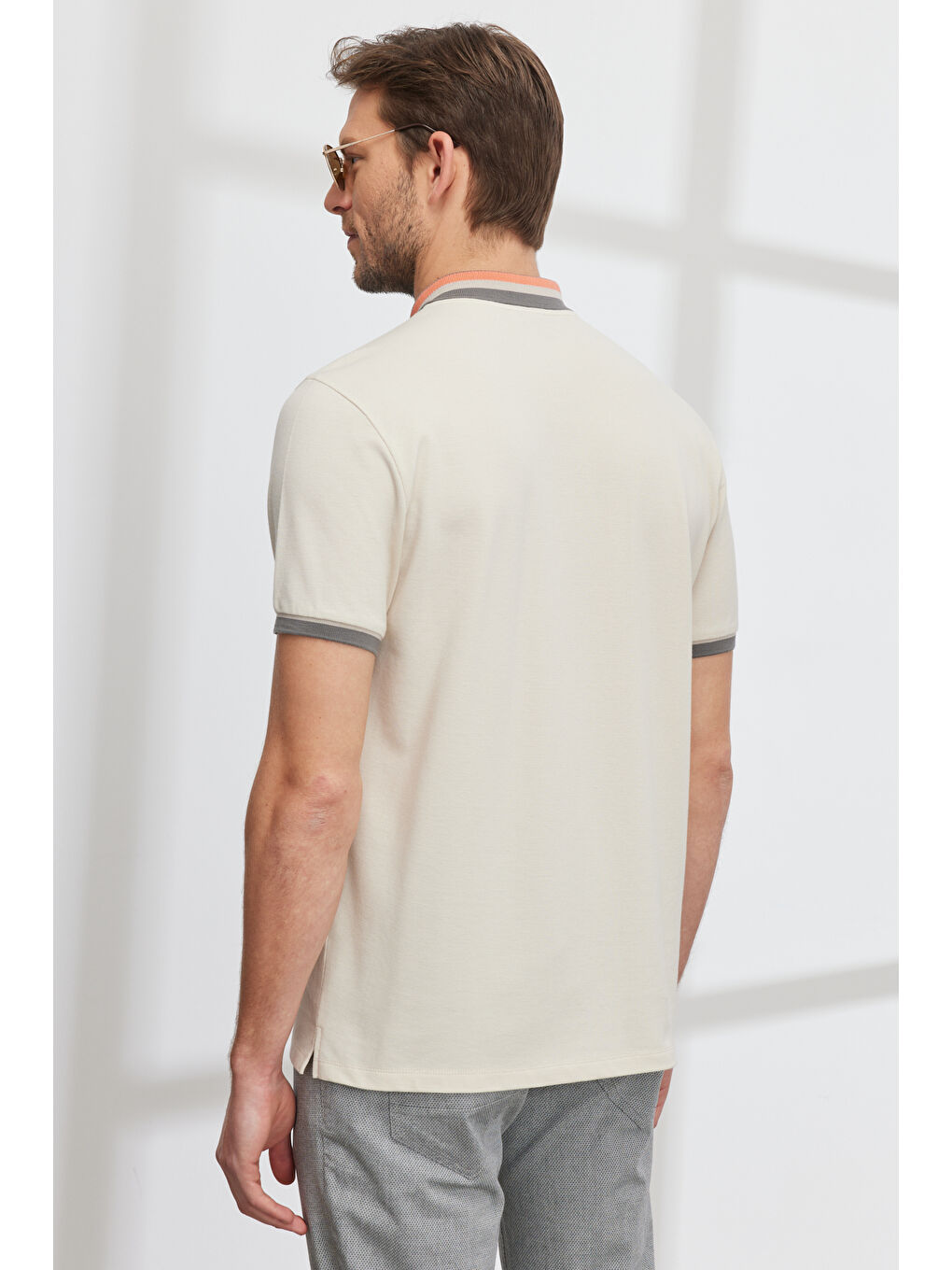 Erkek Bej Slim Fit Dar Kesim %100 Pamuk Polo Yaka Tişört-5