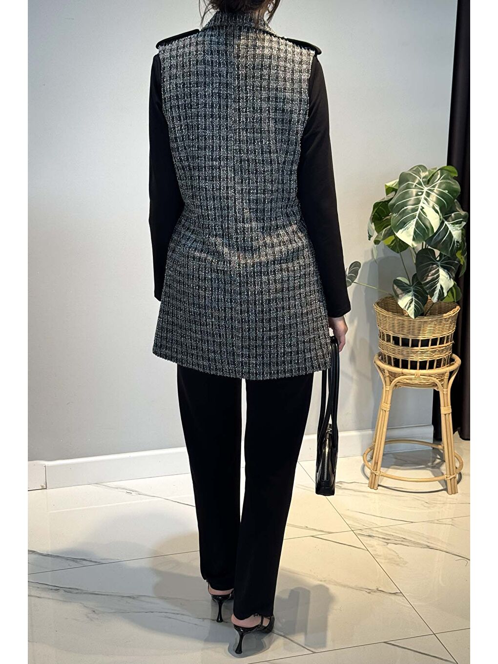 Kare Desen Kruvaze Yelekli 3'lü Takım 25149 Siyah-2