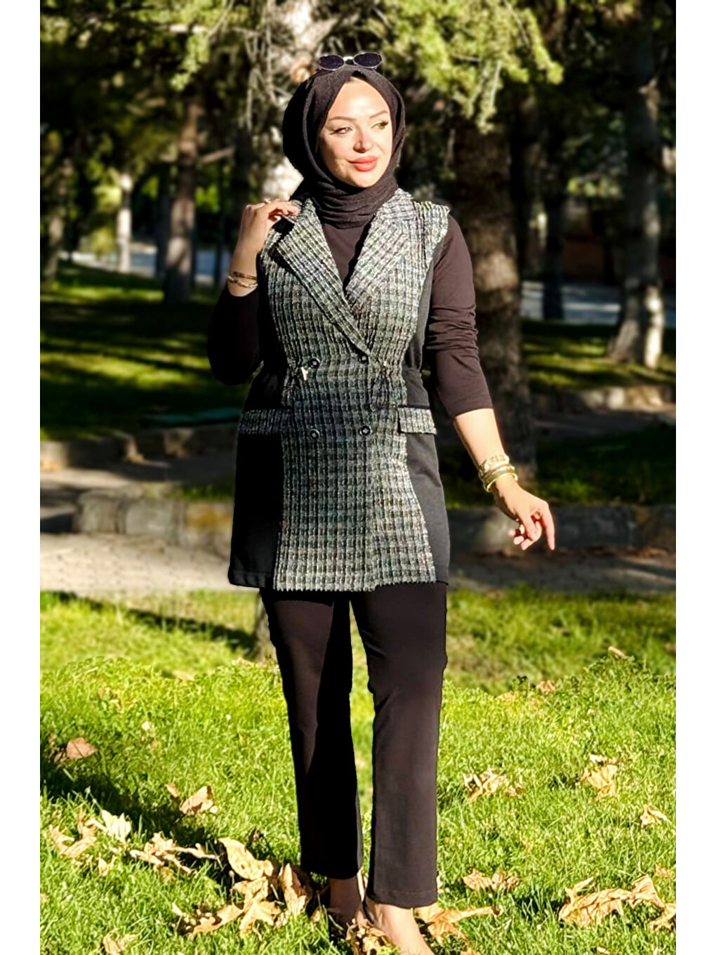 Kare Desen Kruvaze Yelekli 3'lü Takım 25149 Siyah-3