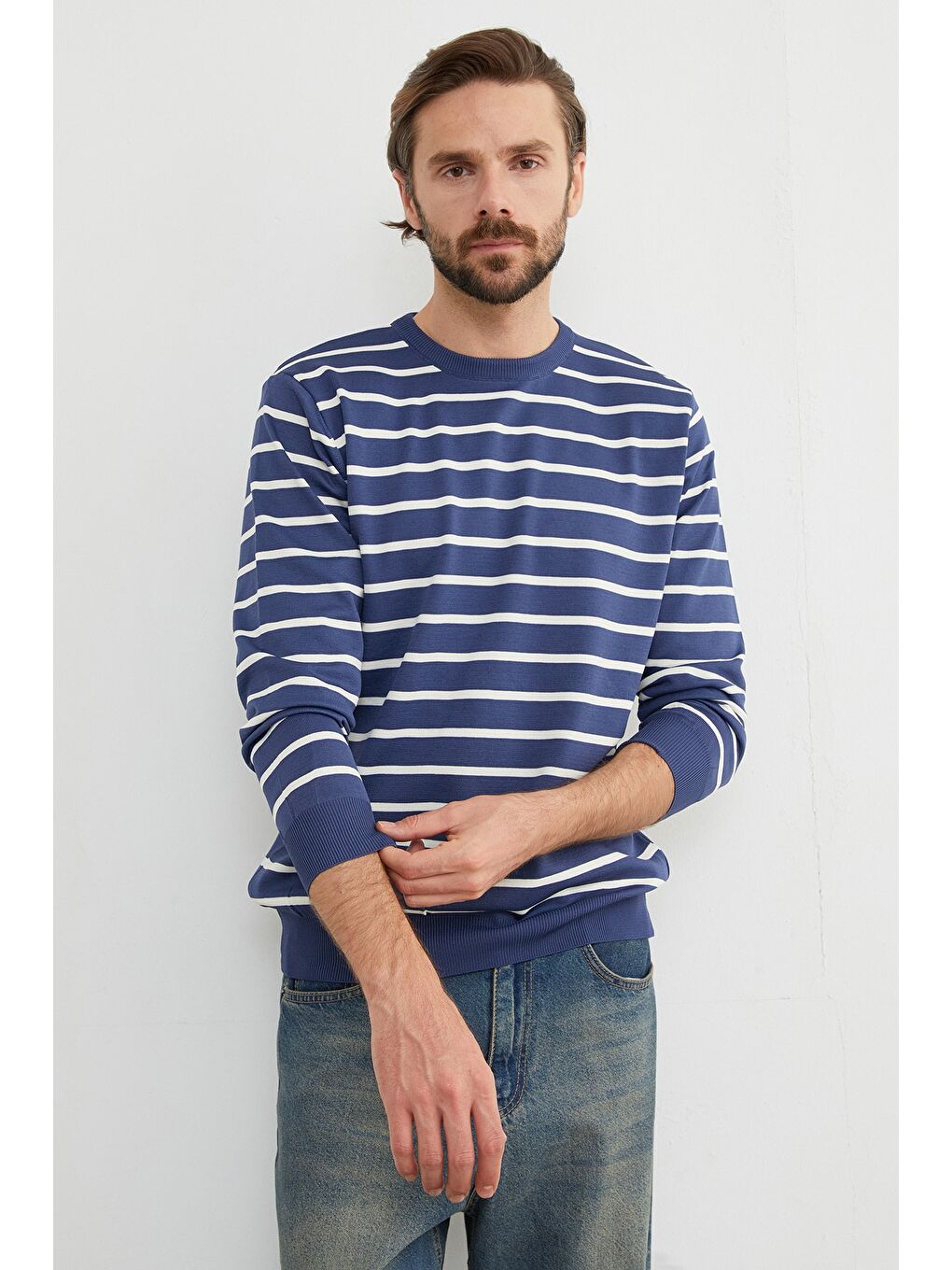 İndigo Çizgili Bisiklet Yaka Kazak-3