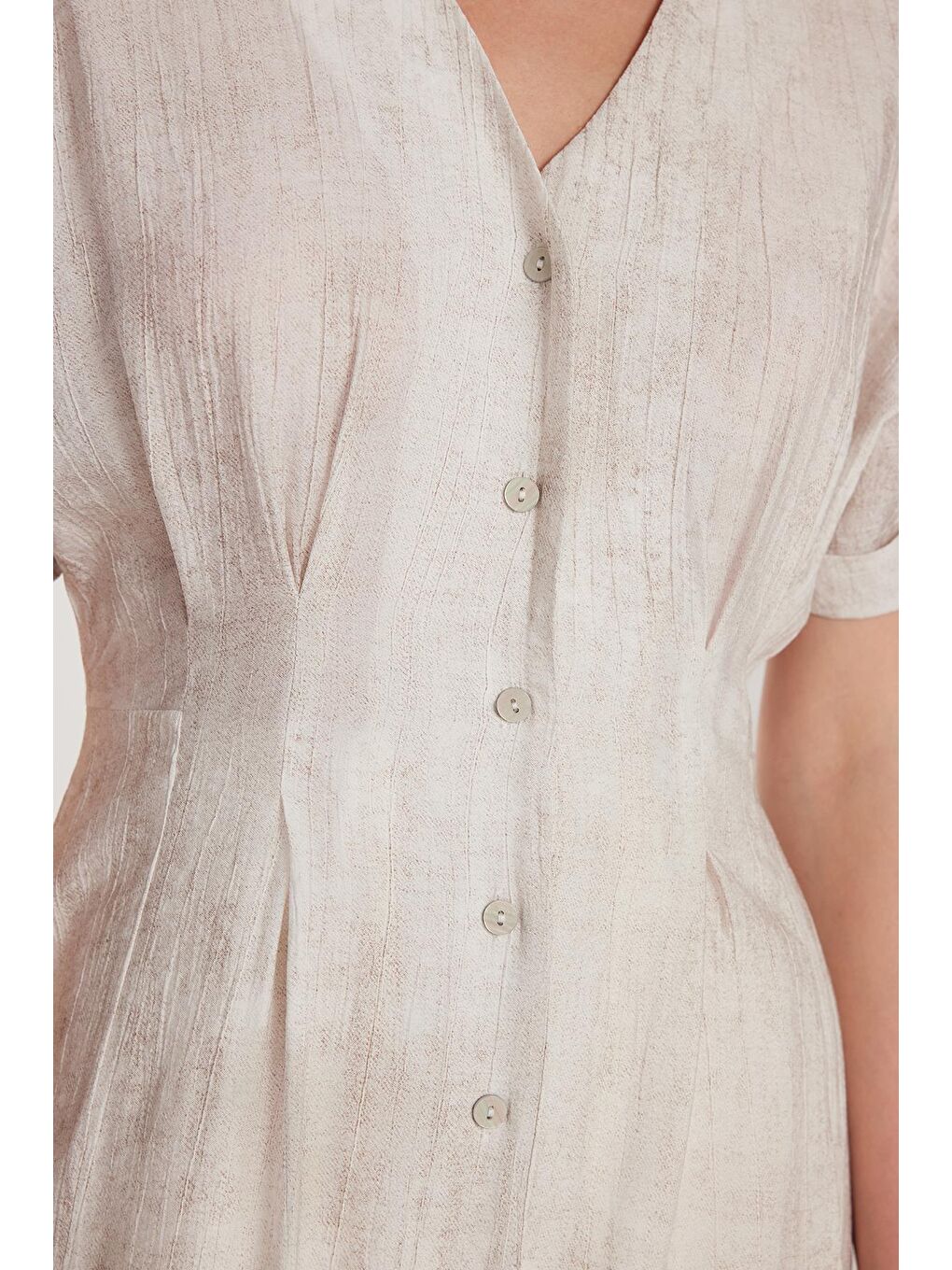 Bej Kadın Standart Fit Düğmeli V Yaka Taş Elbise-2