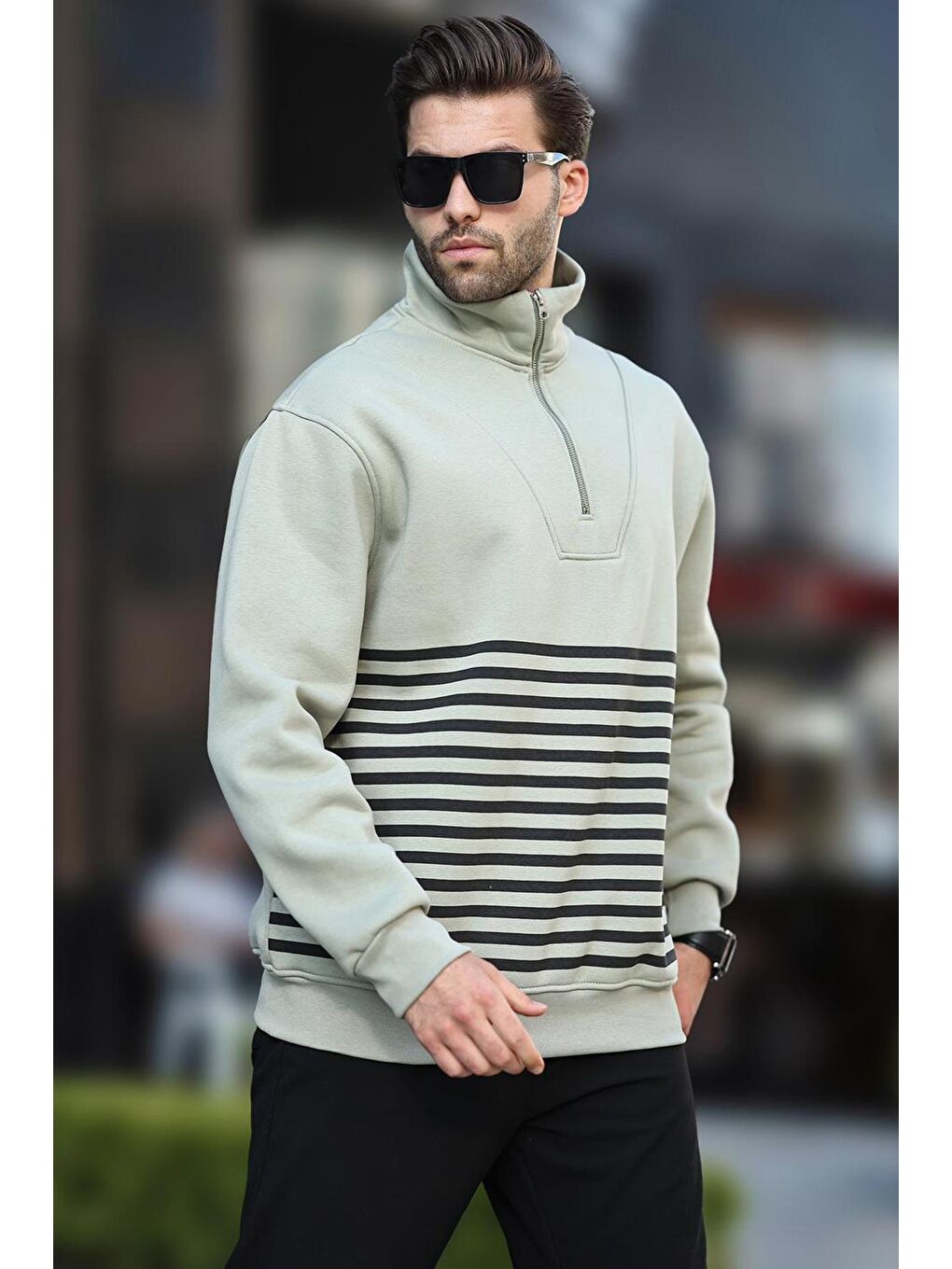 Çağla Yeşili Fermuar Yakalı Çizgili Sweatshirt 7056