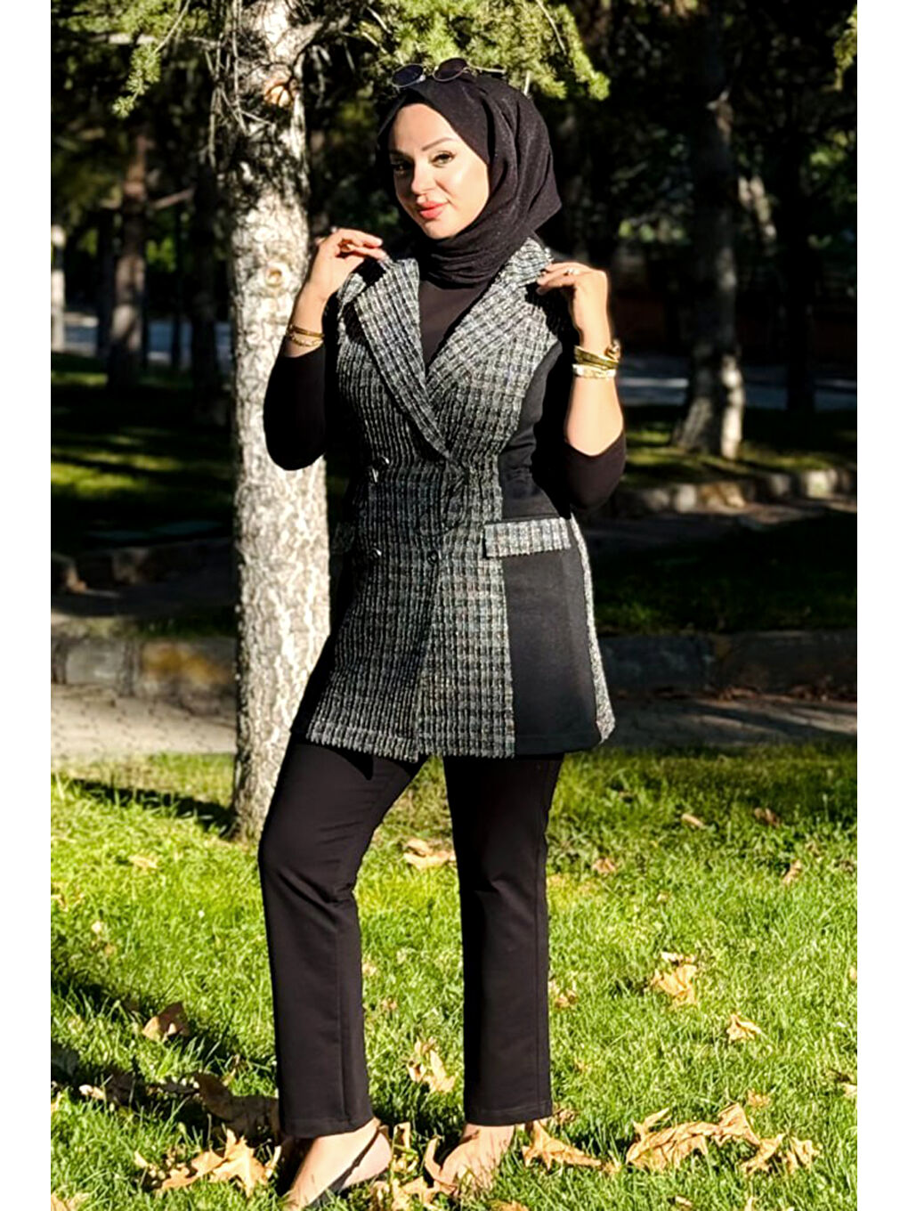Kare Desen Kruvaze Yelekli 3'lü Takım 25149 Siyah-4