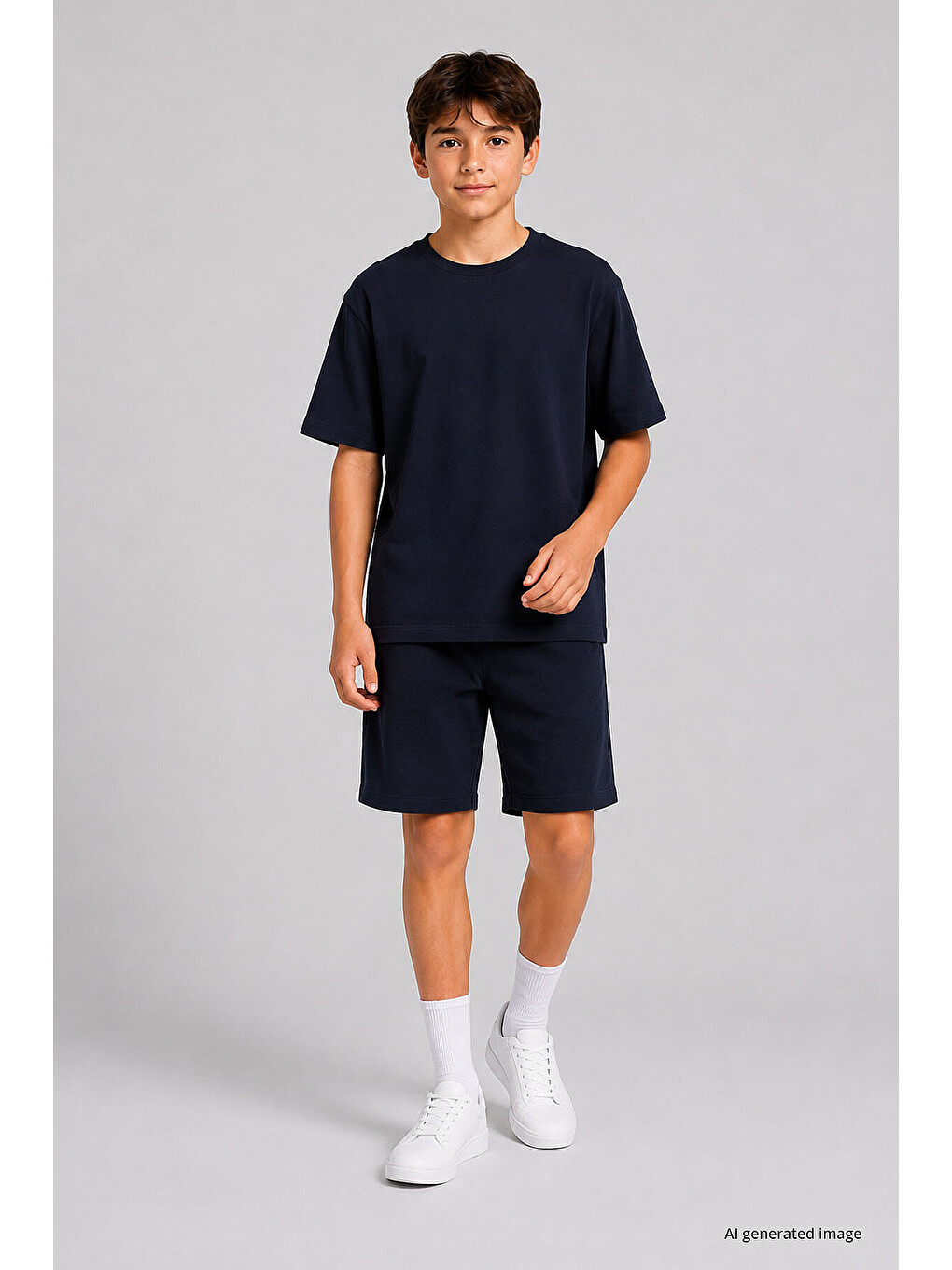 Lacivert Oversize Fit Basic Erkek Çocuk Şort Takım - 11335