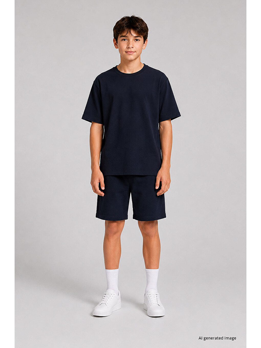 Lacivert Oversize Fit Basic Erkek Çocuk Şort Takım - 11335-1