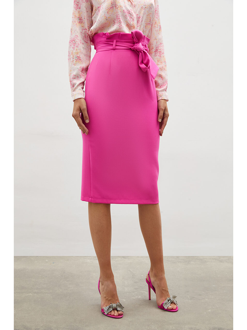 SATEEN Kuşaklı Kalem Etek - Pembe - 5