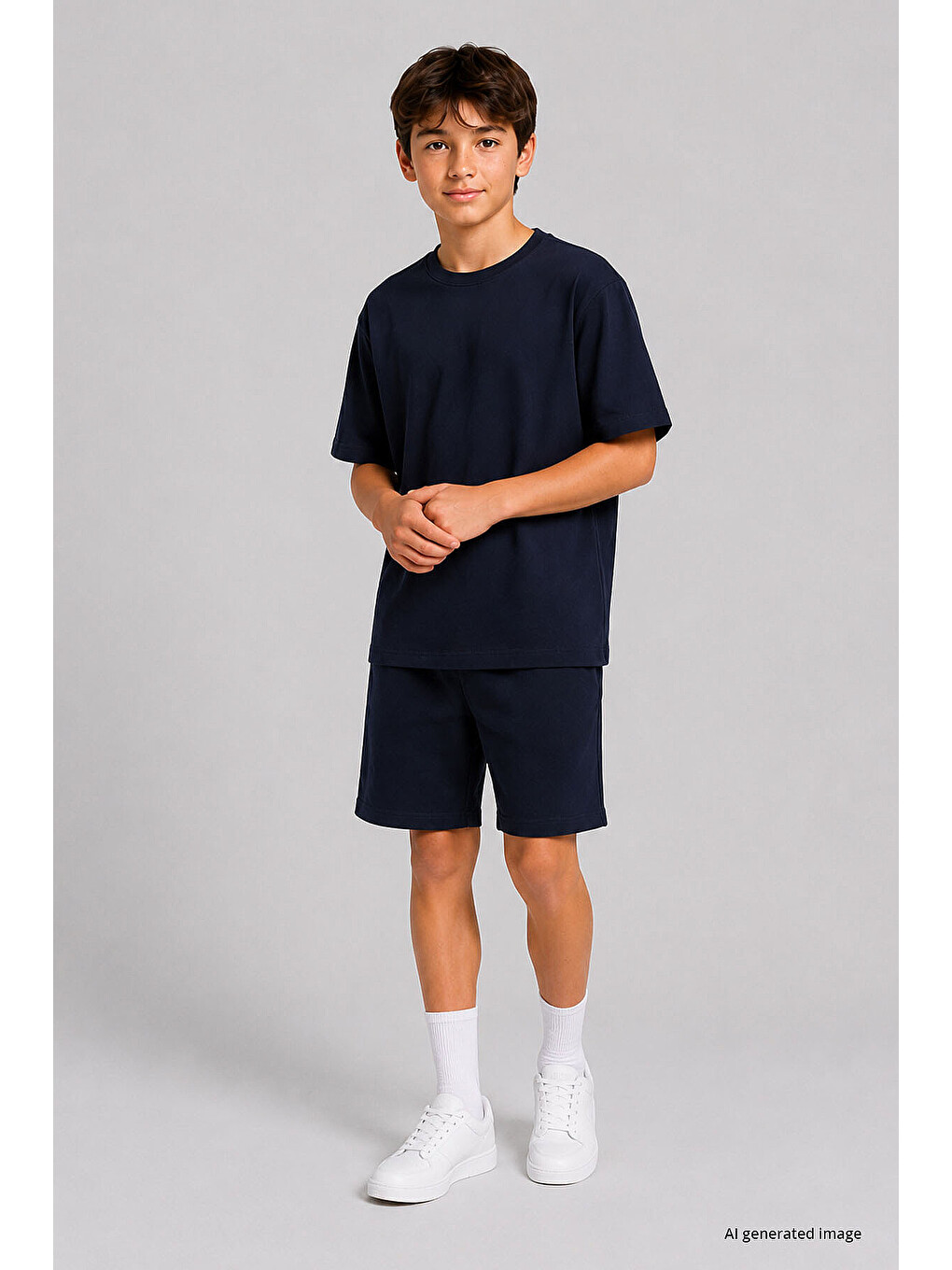 Lacivert Oversize Fit Basic Erkek Çocuk Şort Takım - 11335-2