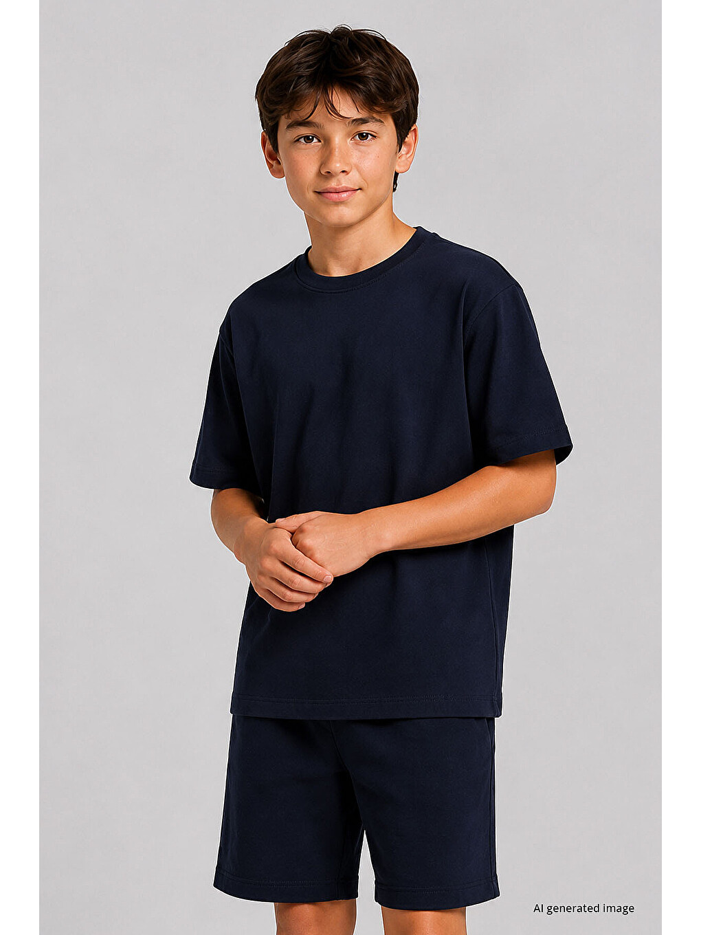 Lacivert Oversize Fit Basic Erkek Çocuk Şort Takım - 11335-3