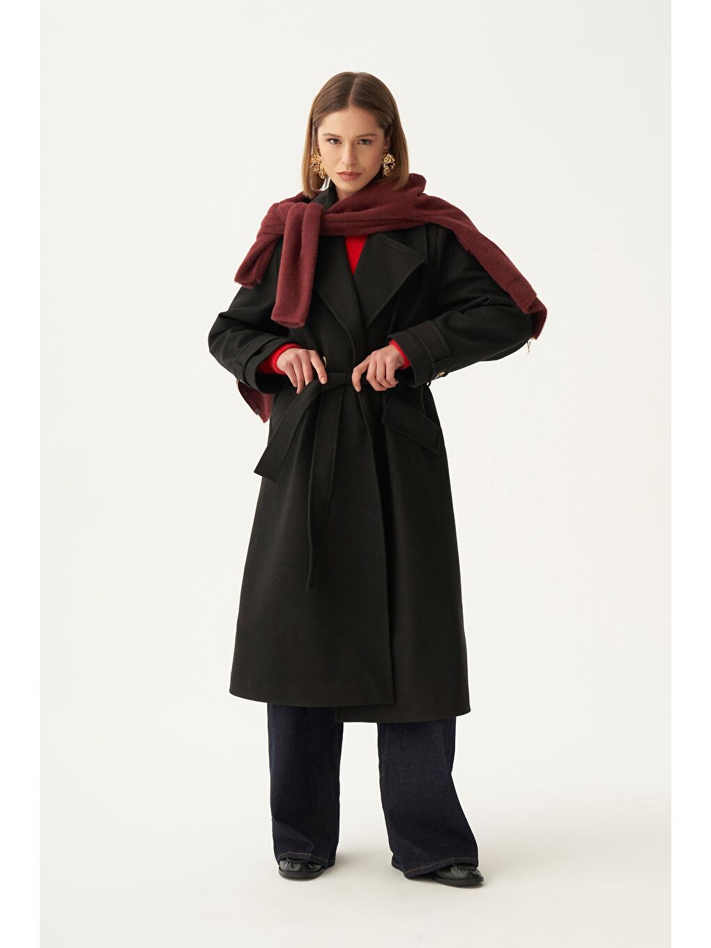 Siyah-Kruvaze Düğmeli Uzun Kaban