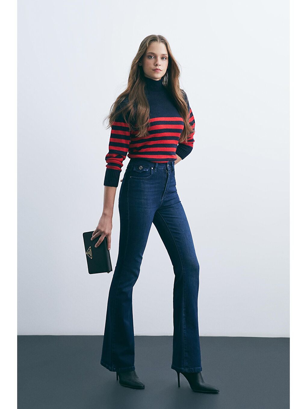 Koyu Mavi Yüksel Bel Flare Paça Jeans