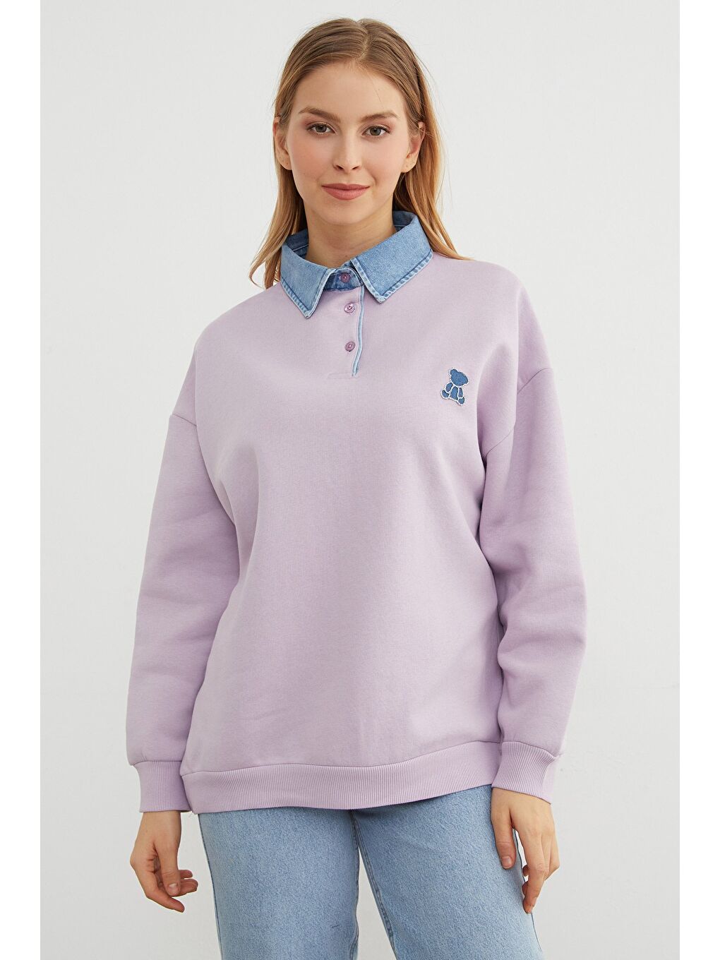 Lila 3 İplik Ayıcık Nakışlı Polo Yaka Denim Detaylı Sweatshirt