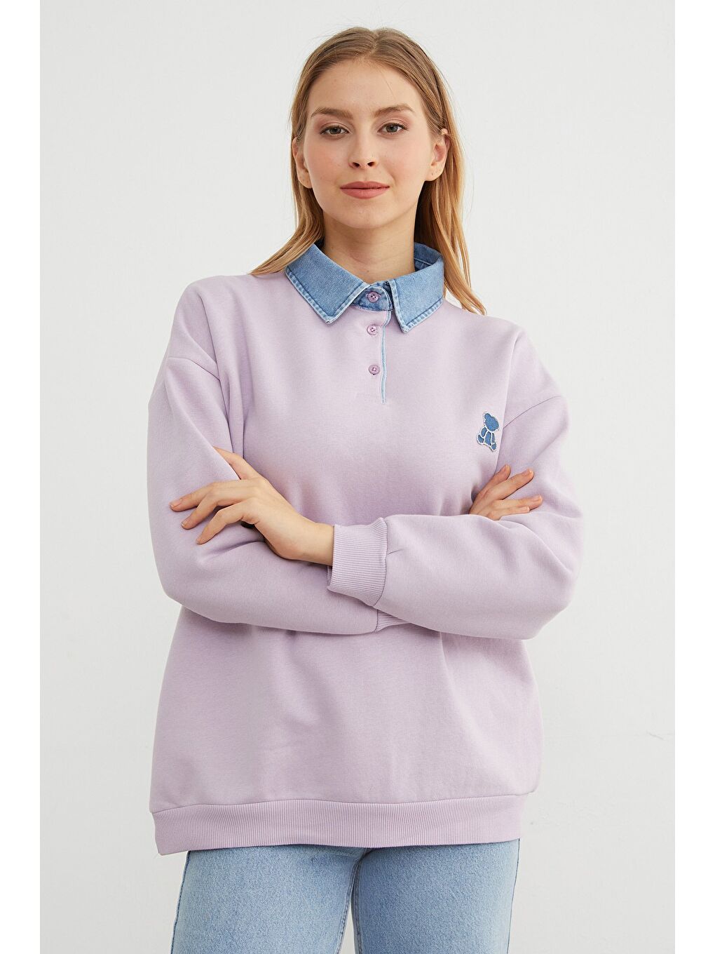Lila 3 İplik Ayıcık Nakışlı Polo Yaka Denim Detaylı Sweatshirt-1