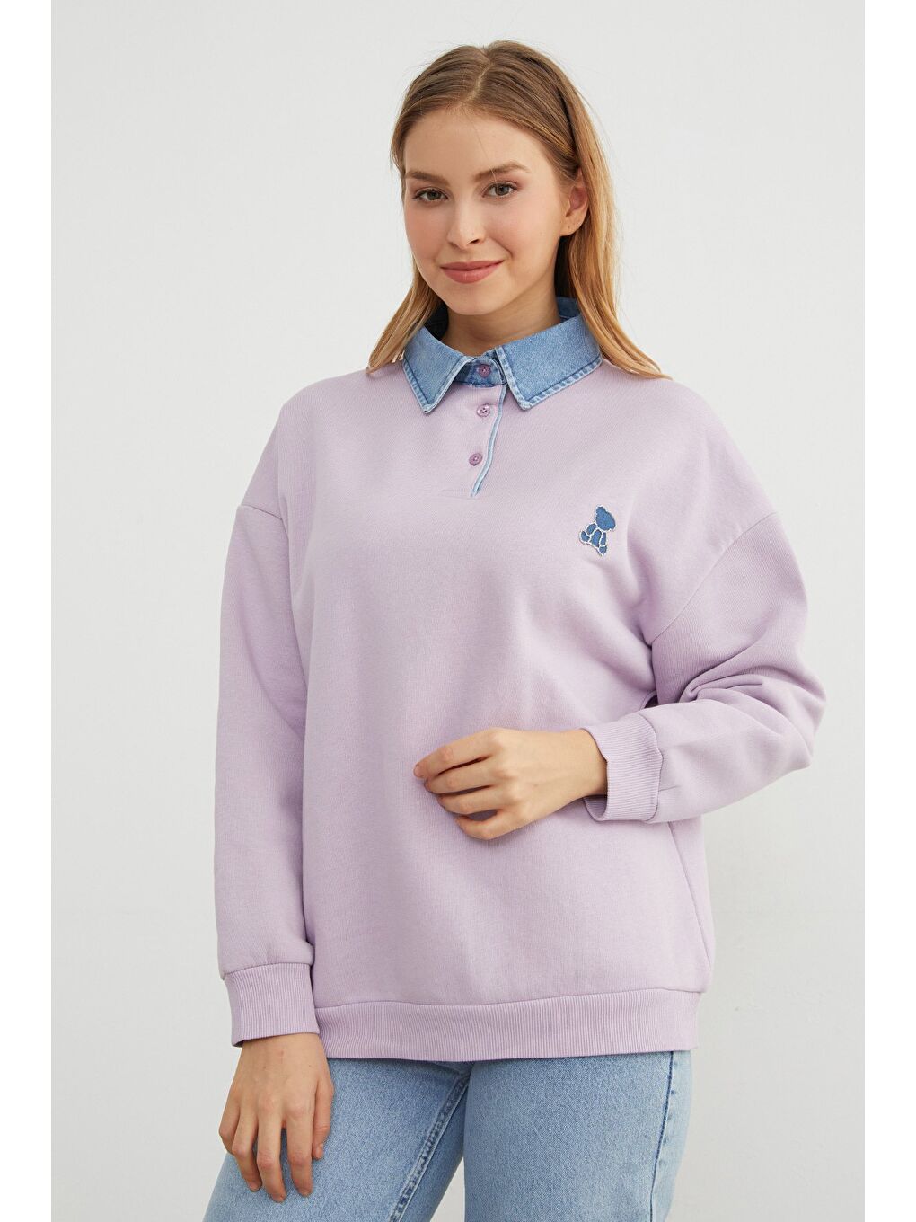 Lila 3 İplik Ayıcık Nakışlı Polo Yaka Denim Detaylı Sweatshirt-2