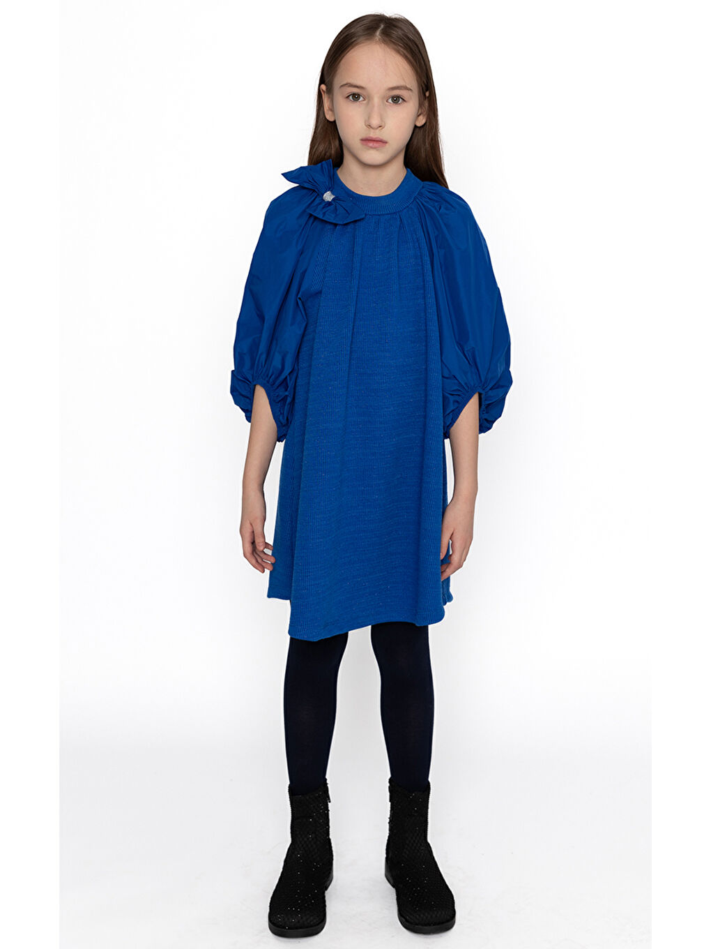 Mavi Tafta Balon Kol Triko Elbise