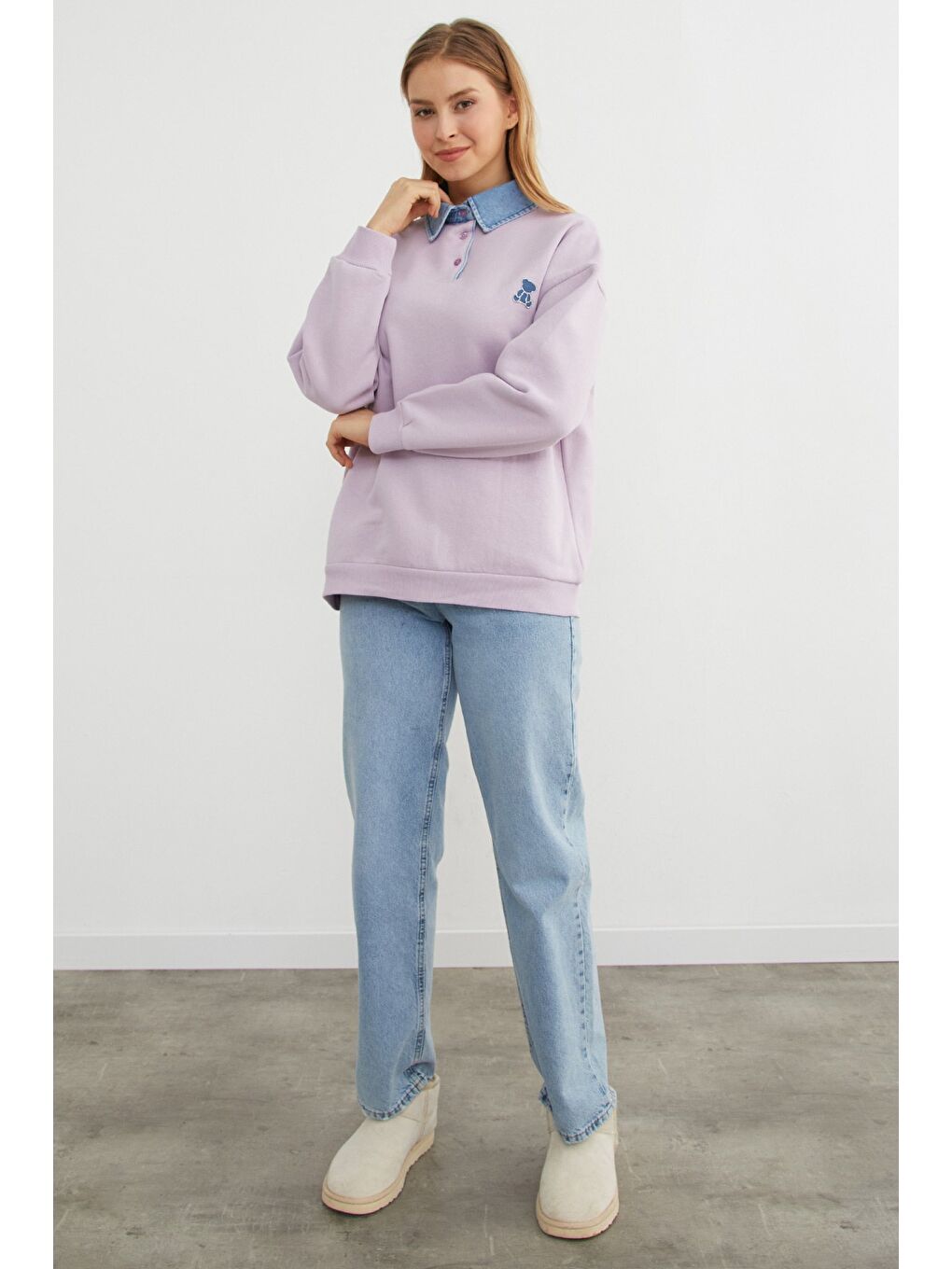 Lila 3 İplik Ayıcık Nakışlı Polo Yaka Denim Detaylı Sweatshirt-3