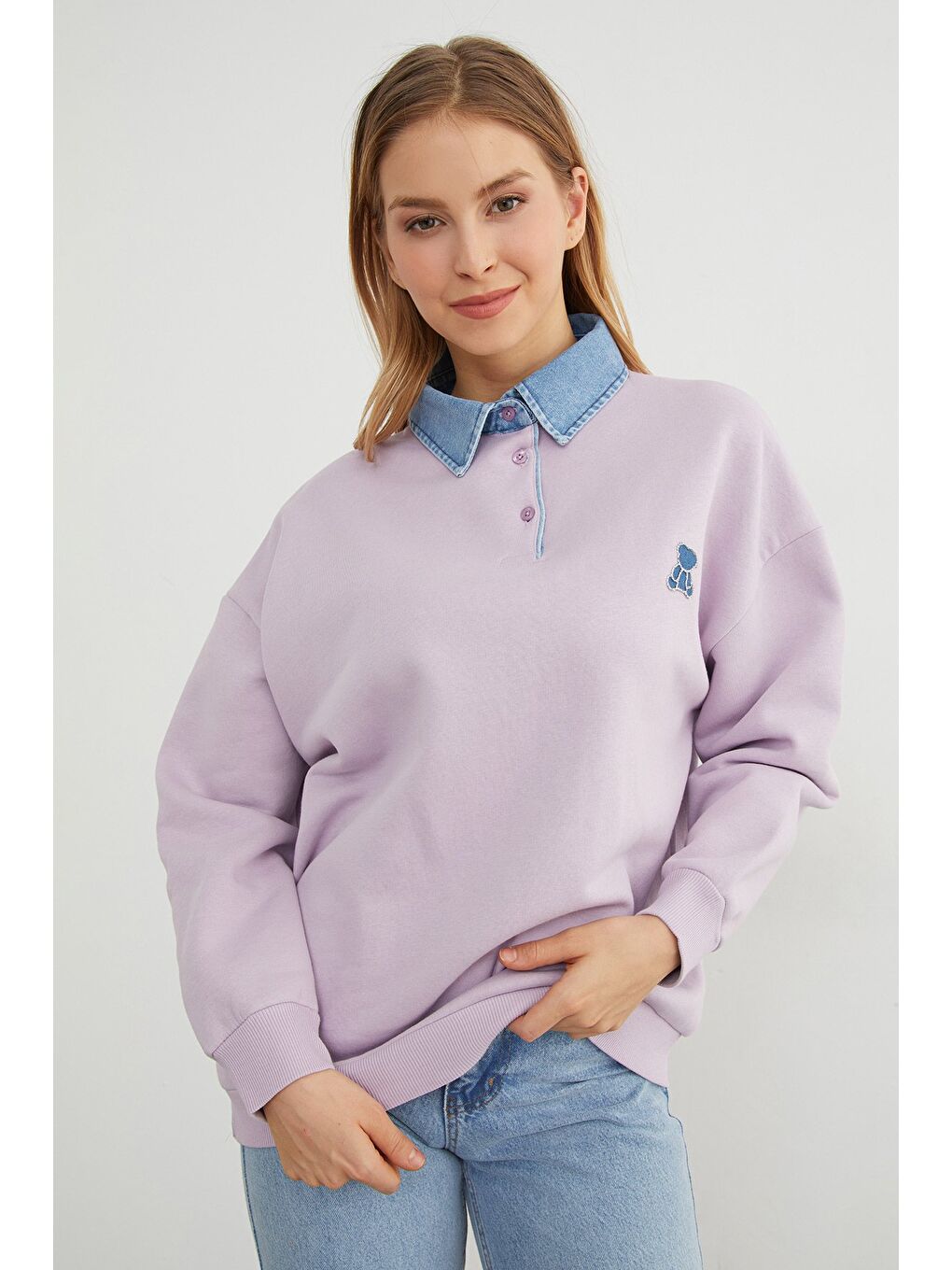 Lila 3 İplik Ayıcık Nakışlı Polo Yaka Denim Detaylı Sweatshirt-4
