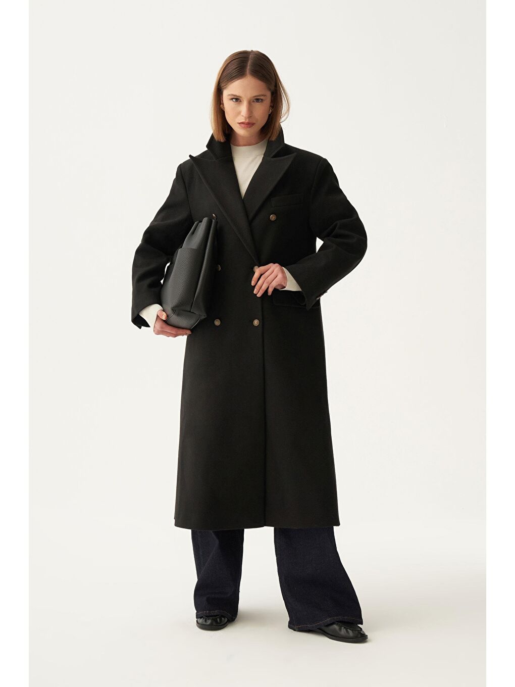 Siyah-Kruvaze Uzun Kaşe Kaban