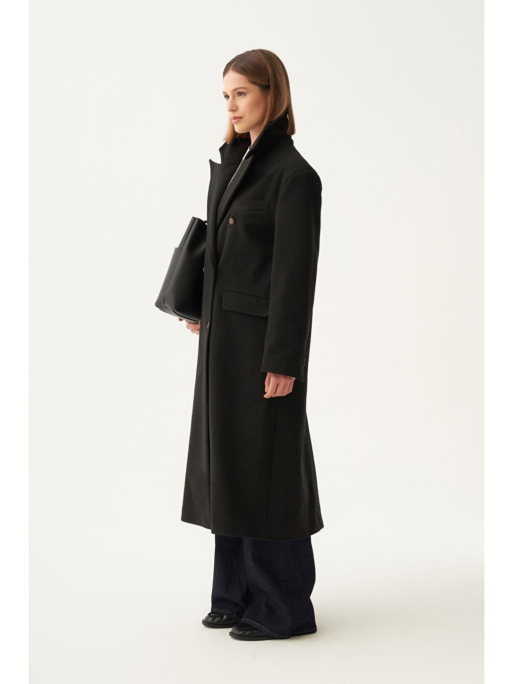 Siyah-Kruvaze Uzun Kaşe Kaban-2