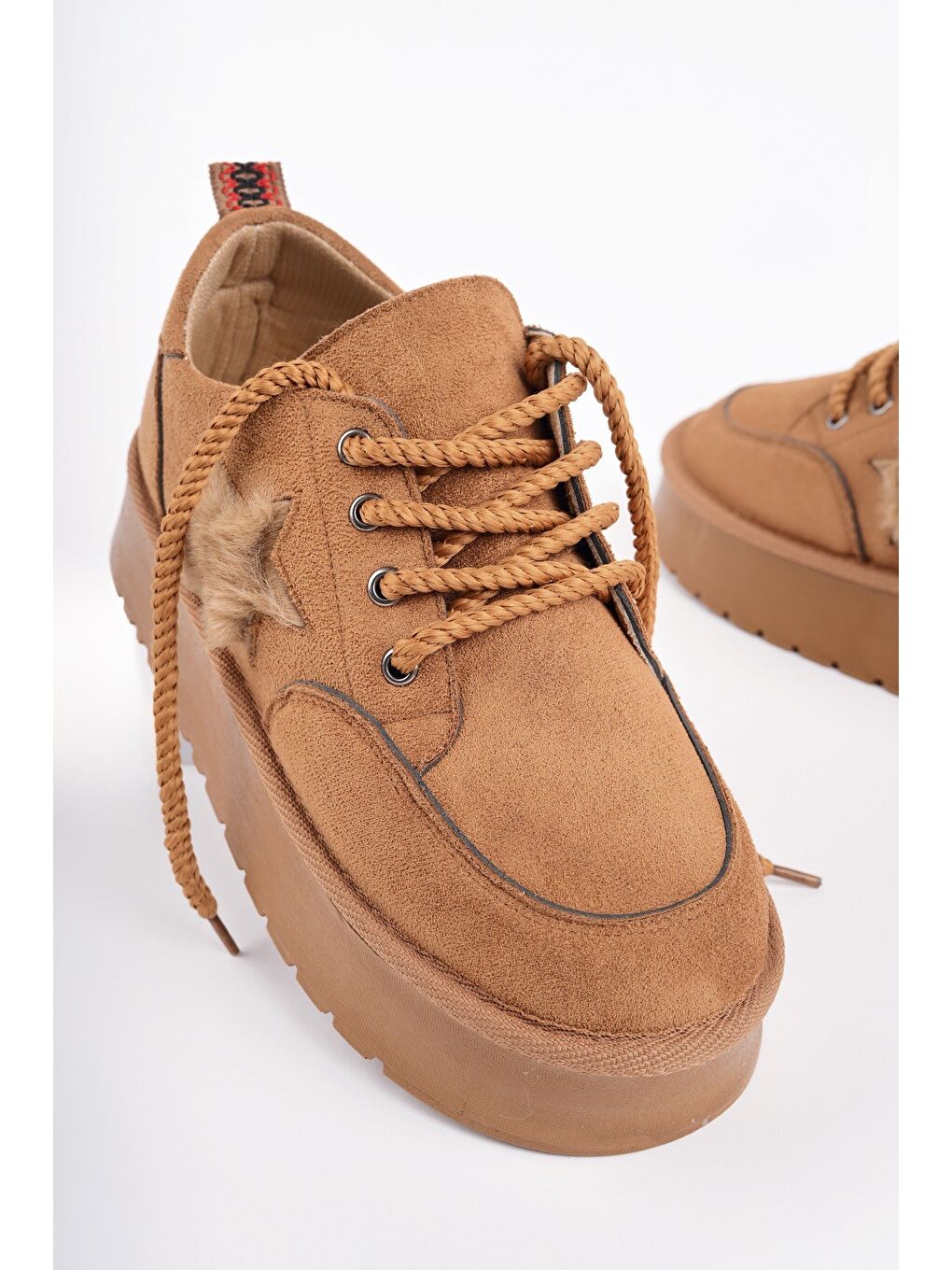 Kahverengi KOZMOS Kalın Taban Bağcıklı Yıldız Detaylı Kadın Kışlık Sneaker Spor Ayakkabı-2