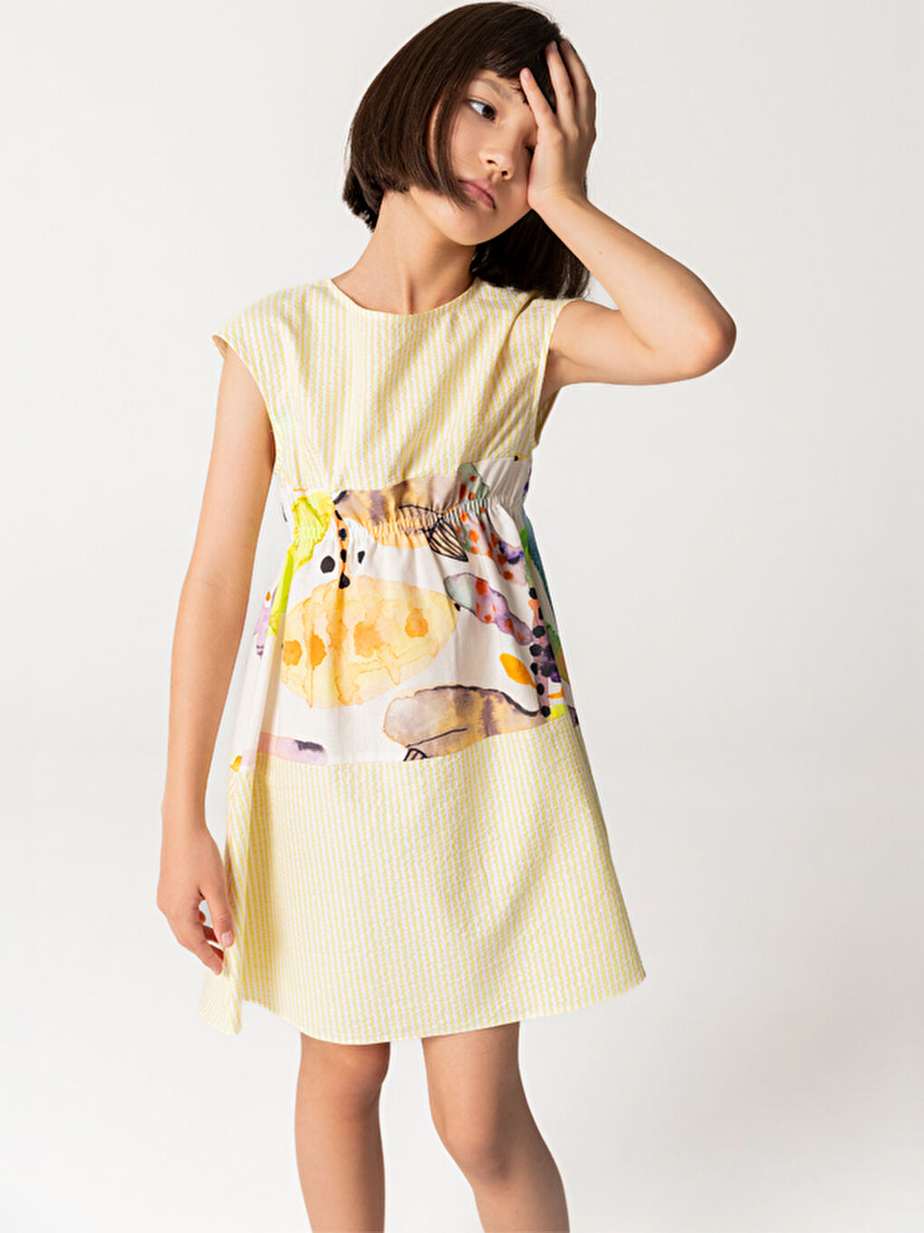 Kısa Kollu Pamuklu Sarı Kız Çocuk Elbise