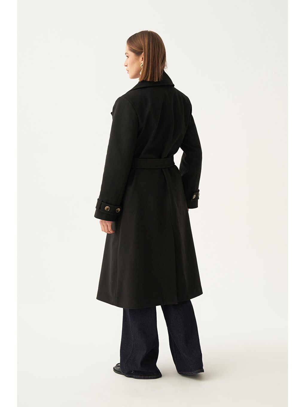 Siyah-Kruvaze Düğmeli Uzun Kaban-4