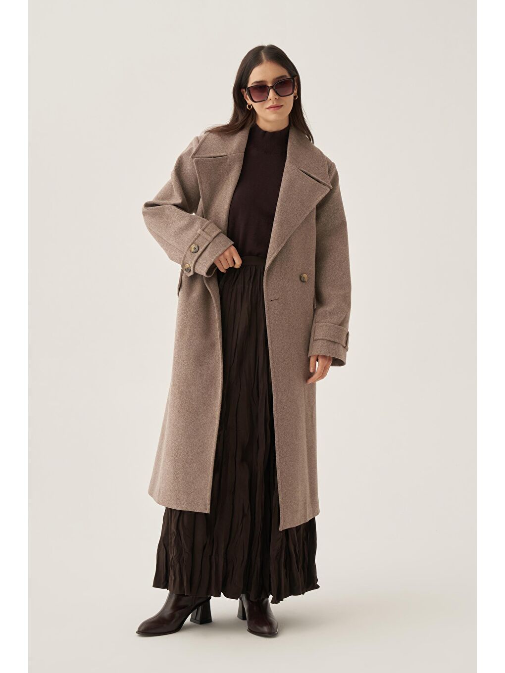 Bej Vizon-Kruvaze Düğmeli Uzun Kaban