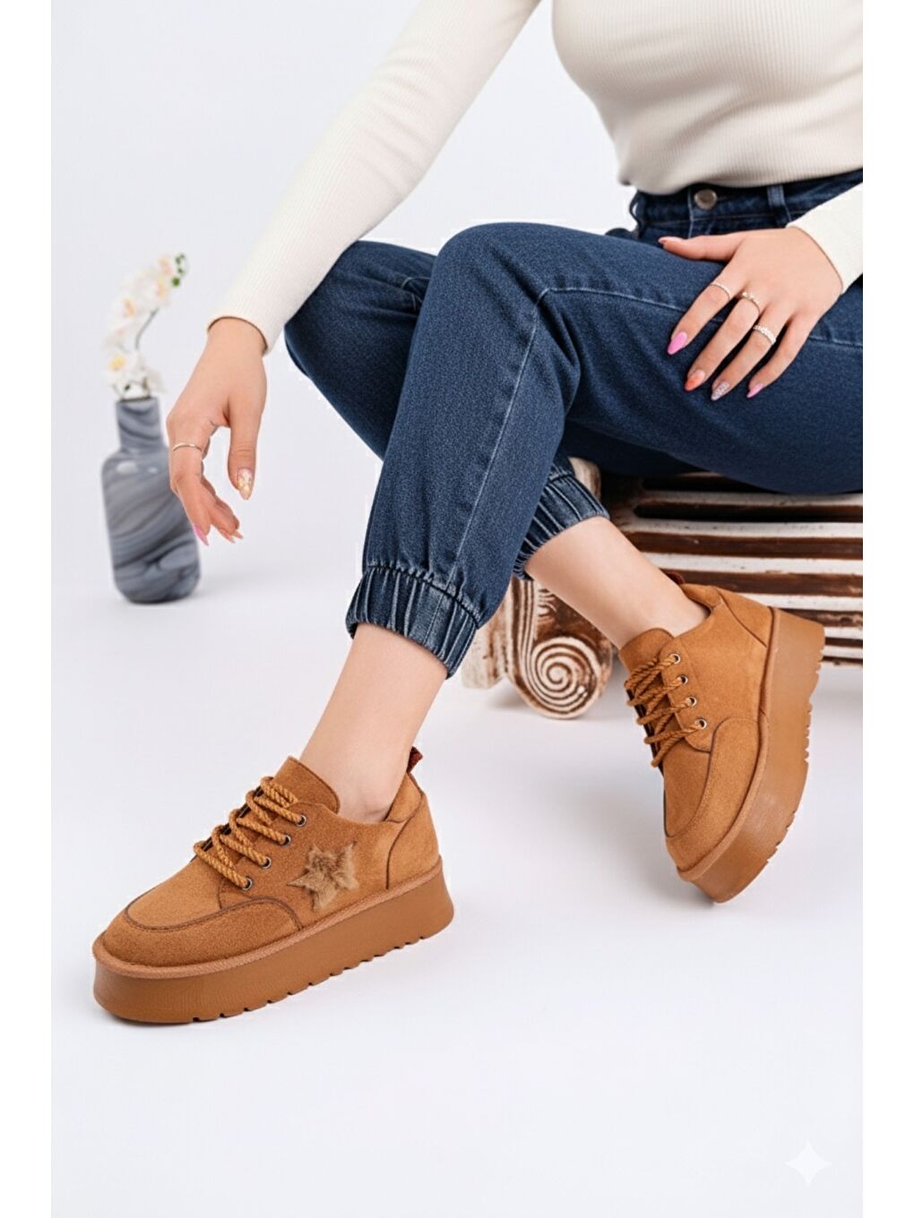 Kahverengi KOZMOS Kalın Taban Bağcıklı Yıldız Detaylı Kadın Kışlık Sneaker Spor Ayakkabı-3