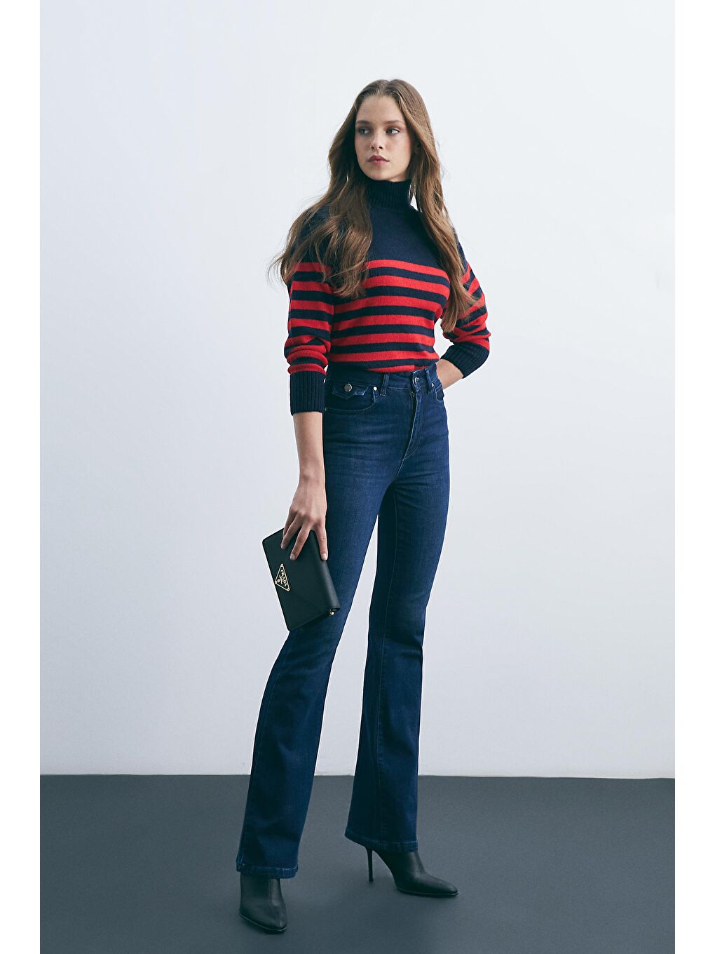 Koyu Mavi Yüksel Bel Flare Paça Jeans-1