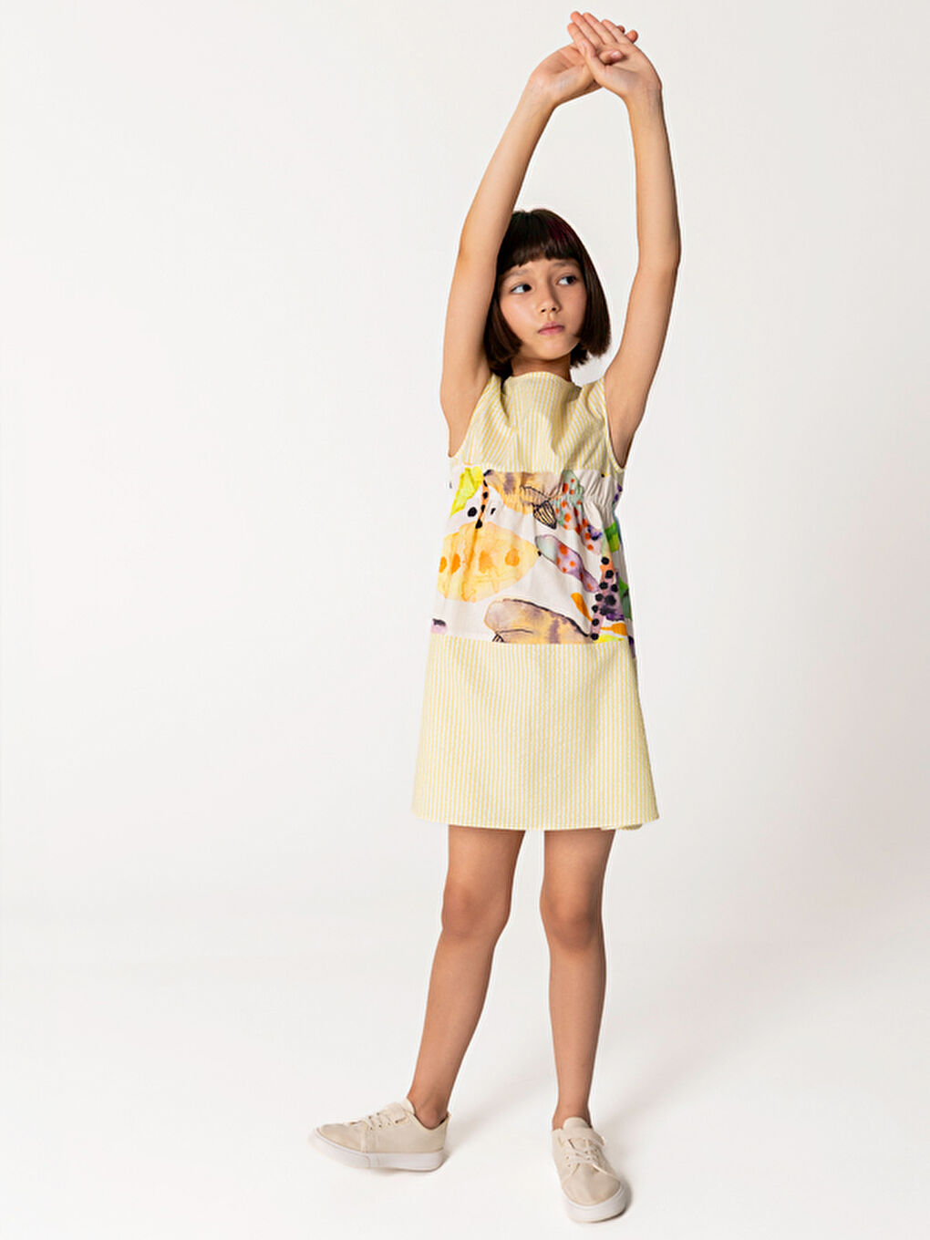 Kısa Kollu Pamuklu Sarı Kız Çocuk Elbise-2