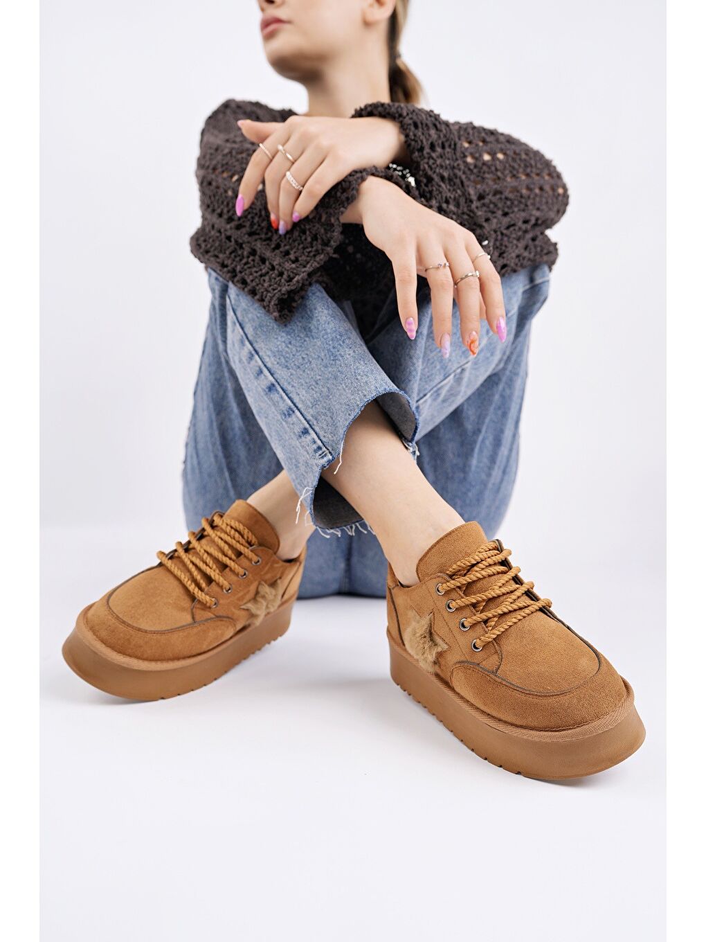 Kahverengi KOZMOS Kalın Taban Bağcıklı Yıldız Detaylı Kadın Kışlık Sneaker Spor Ayakkabı-4