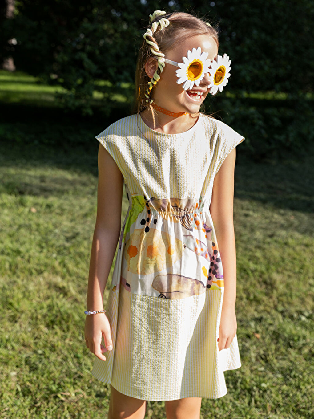 Kısa Kollu Pamuklu Sarı Kız Çocuk Elbise-3