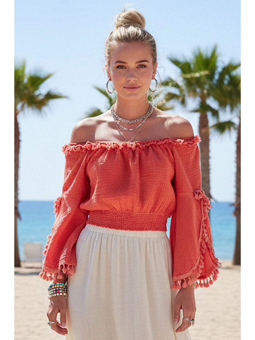 Kahverengi Mercan Carmen Yaka İspanyol Kol Püsküllü Casual Müslin Crop Dokuma Bluz 40 50-1