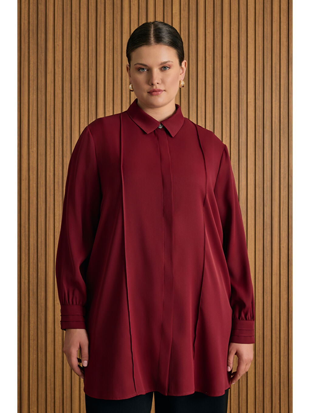 Bordo Dikiş Detaylı Tunik-1