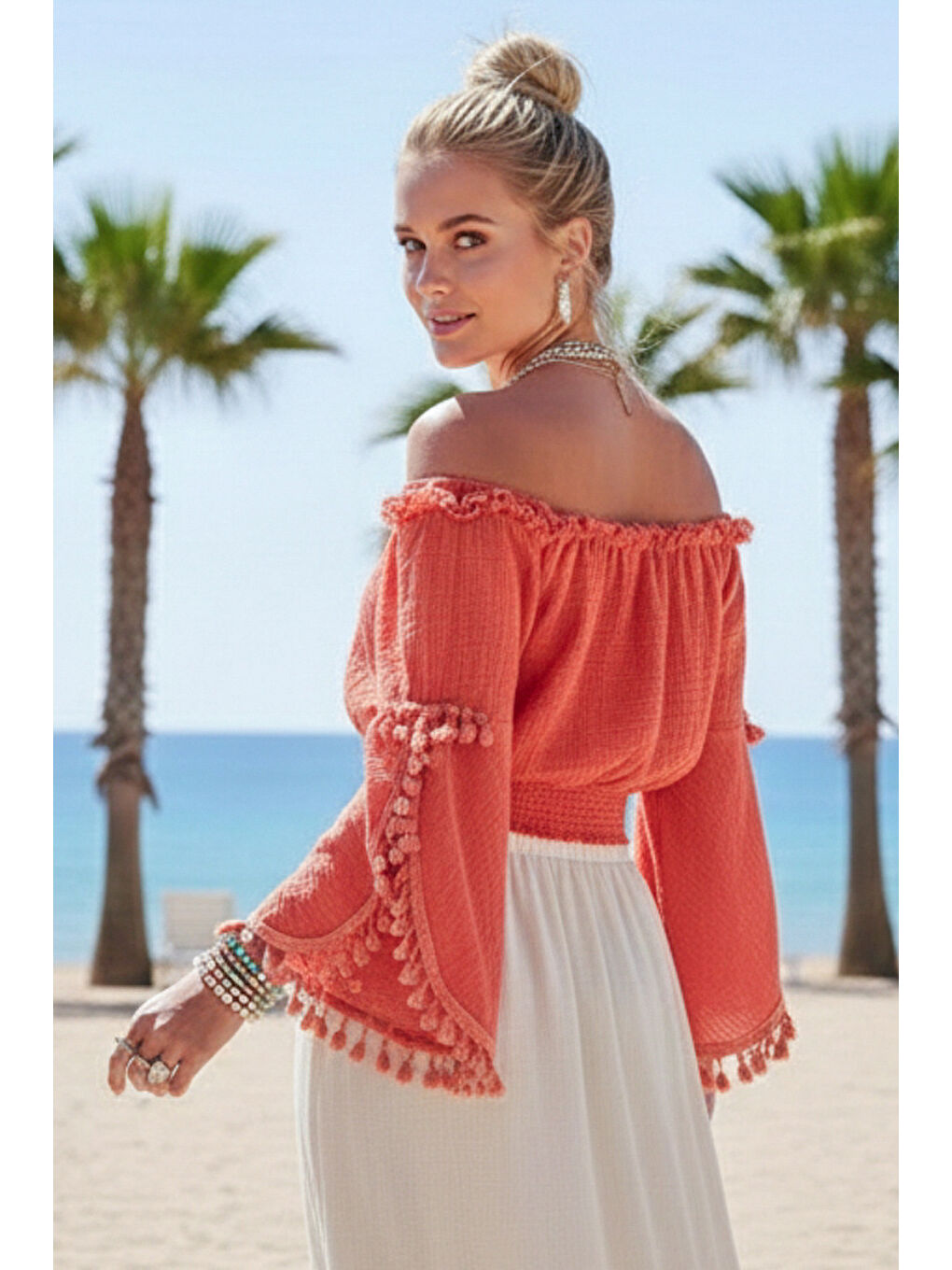 Kahverengi Mercan Carmen Yaka İspanyol Kol Püsküllü Casual Müslin Crop Dokuma Bluz 40 50-2