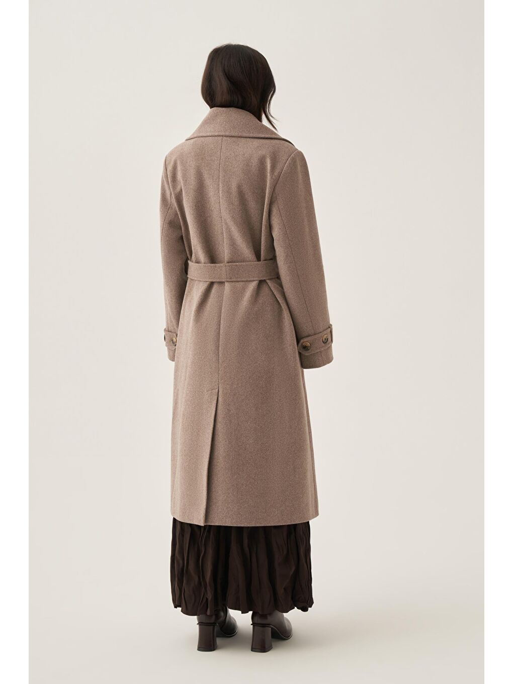 Bej Vizon-Kruvaze Düğmeli Uzun Kaban-3